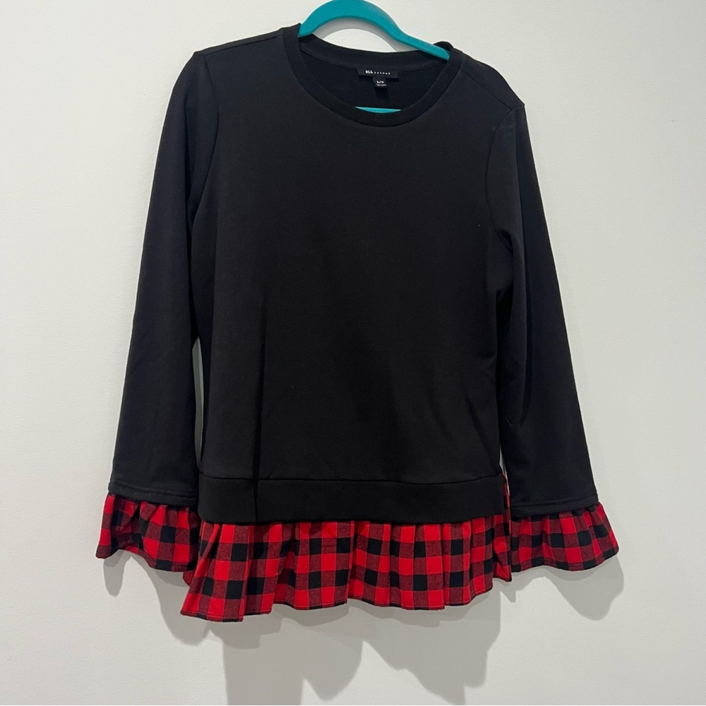 Black Long Sleeve Sweatshirt with Red Plaid Ruffles
